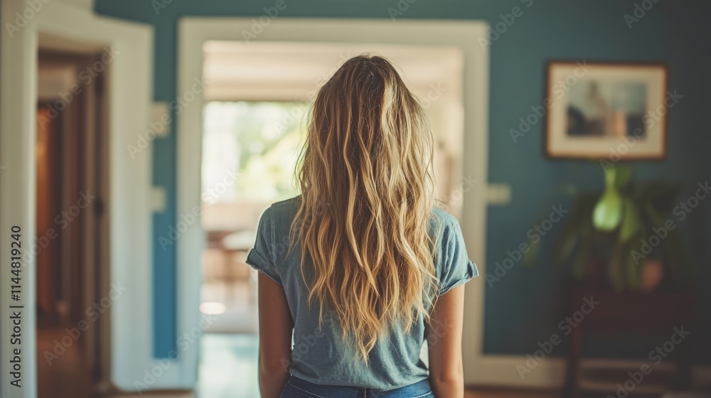 Blonde teenager at the back of a house, transitioning into the new space, standing in the doorway with a sense of anticipation, photo style with ample copy space. Blonde teenager at the back of a house, transitioning into the new space, standing in the doorway with a sense of anticipation, photo style with ample copy space.