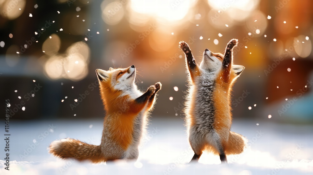 Two playful foxes delight in the falling snow, one reaching upwards. They bask in the glow of the setting sun, capturing a moment of pure joy and spontaneity. Two playful foxes delight in the falling snow, one reaching upwards. They bask in the glow of the setting sun, capturing a moment of pure joy and spontaneity.