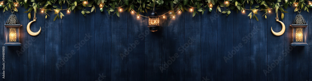 a festive and serene Ramadan decoration. It showcases beautifully lit lanterns and ornaments against with a beutiful background. The decorations hang from the top, 
