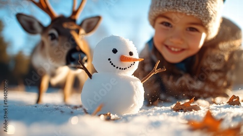 A joyful image of a snowman with a child and a nearby deer in a snowy setting, encapsulating the wonder and innocence of winter play and friendship. photo