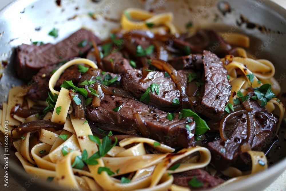 A savory dish of linguine pasta cooked with tender chicken liver, caramelized onions, and garnished with fresh parsley. Served in a pan for a rustic presentation. A savory dish of linguine pasta cooked with tender chicken liver, caramelized onions, and garnished with fresh parsley. Served in a pan for a rustic presentation.