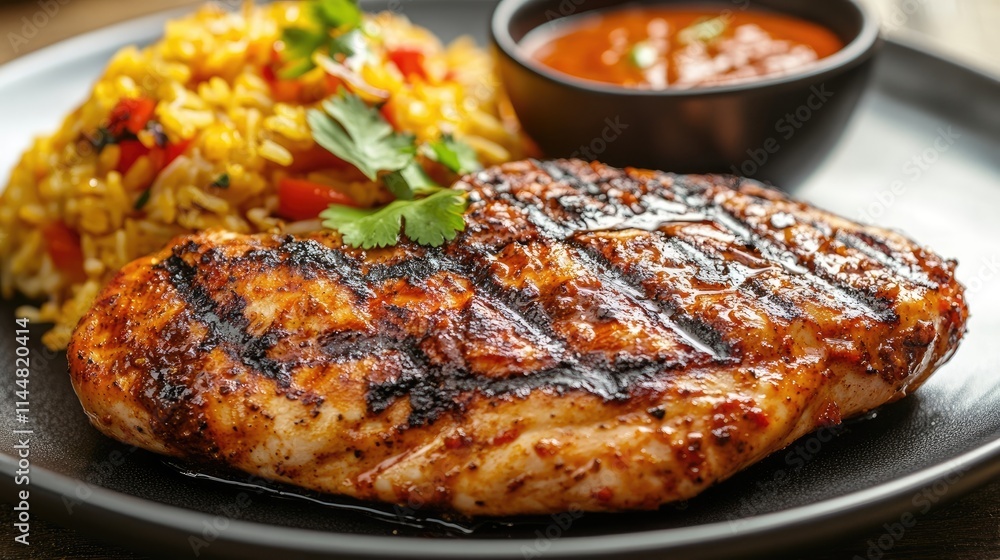 Grilled chicken steak with a side of chili and curry rice arranged beautifully on a plate, perfect for culinary presentations. The grilled meat offers rich flavors and vibrant textures. Grilled chicken steak with a side of chili and curry rice arranged beautifully on a plate, perfect for culinary presentations. The grilled meat offers rich flavors and vibrant textures.