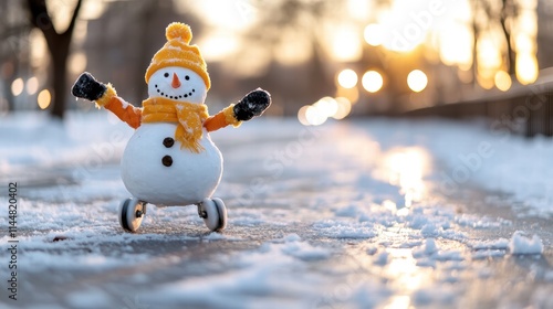 A charming snowman with raised arms and a big smile, wearing a yellow hat and scarf, glides smoothly on wheels down a snow-lined path during a beautiful sunset. photo