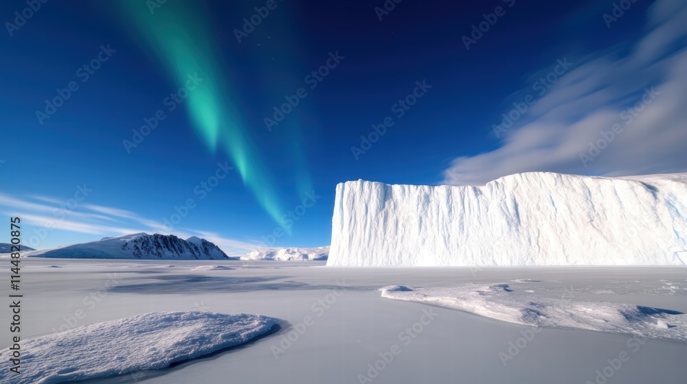 Obraz premium A magnificent ice glacier stands tall under a brilliant display of Northern Lights, as clear blue skies stretch above and the icy expanse reflects the frozen beauty around.