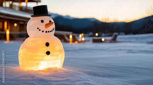 A joyous snowman stands brightly on a snowy terrain, exuding warmth with its inner light against a backdrop of softly glowing evening lights and cozy winter setting. photo