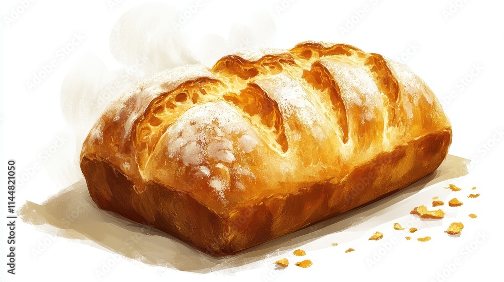 illustration of a freshly baked loaf with a golden crust and steam, ideal for food-themed designs, on a white background. illustration of a freshly baked loaf with a golden crust and steam, ideal for food-themed designs, on a white background.