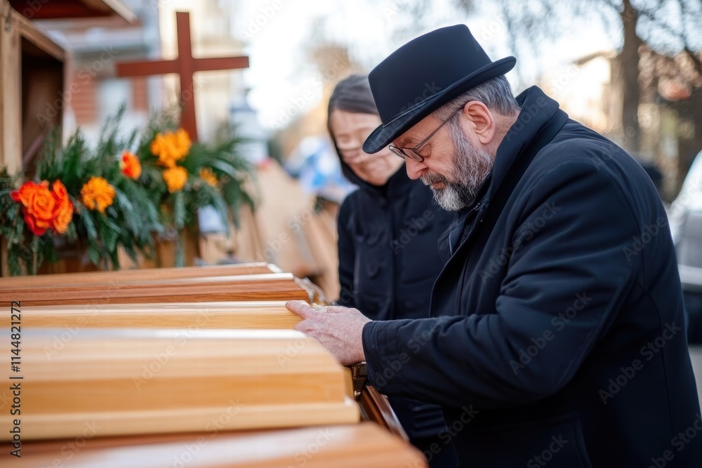 A solemn moment as the bearded man and a female companion closely examine a glossy wooden casket placed outdoors, surrounded by flowers and crosses in the background. A solemn moment as the bearded man and a female companion closely examine a glossy wooden casket placed outdoors, surrounded by flowers and crosses in the background.