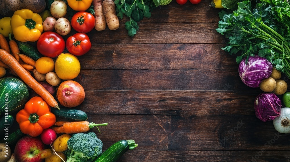 Vibrant assortment of fresh fruits and vegetables laid out on a wooden table, highlighting the natural beauty and variety of fresh produce with ample copy space available. Vibrant assortment of fresh fruits and vegetables laid out on a wooden table, highlighting the natural beauty and variety of fresh produce with ample copy space available.