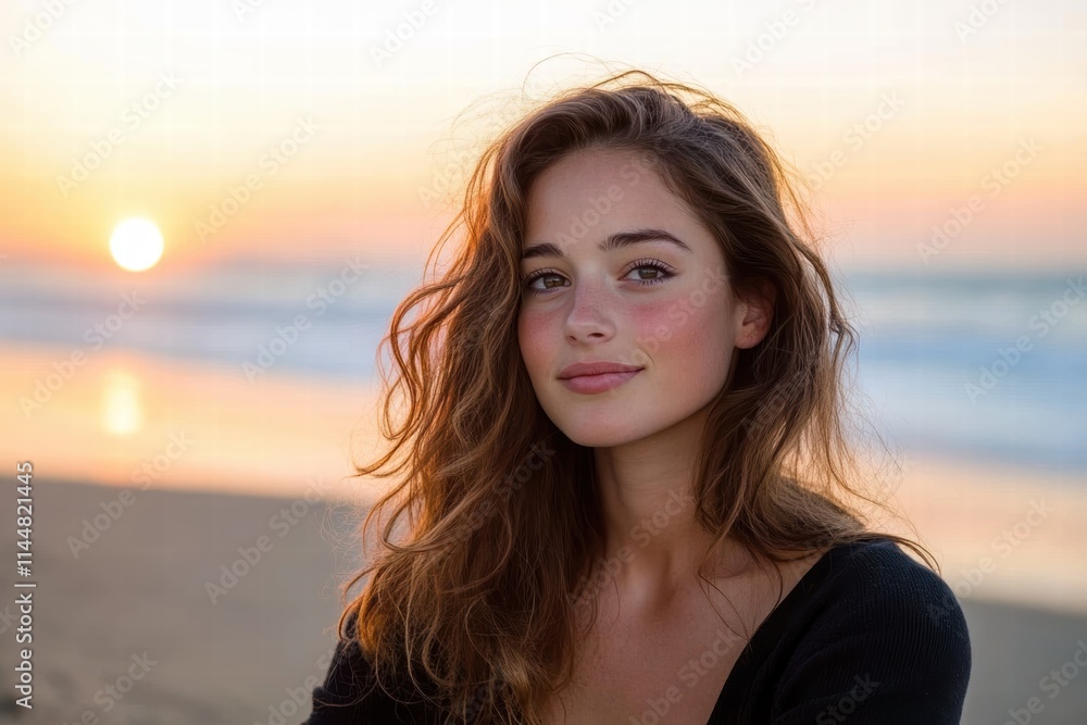 A young woman with a peaceful expression enjoys the vibrant hues of a sunset on a tranquil beach, symbolizing a moment of introspection and harmony with nature. A young woman with a peaceful expression enjoys the vibrant hues of a sunset on a tranquil beach, symbolizing a moment of introspection and harmony with nature.