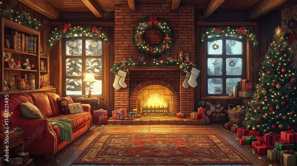 Obraz premium new year decorated living room, cozy christmas interior, ai generated