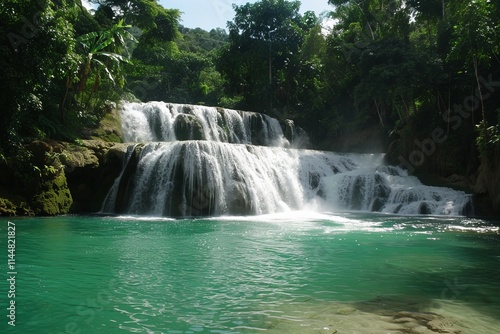 A sparkling waterfall in a lush forest 