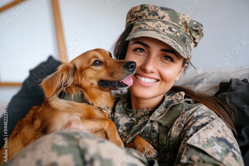 A military woman in camouflage uniform shares a joyous moment with her affectionate dog, capturing a bond between loyal companions in a comforting setting. photo