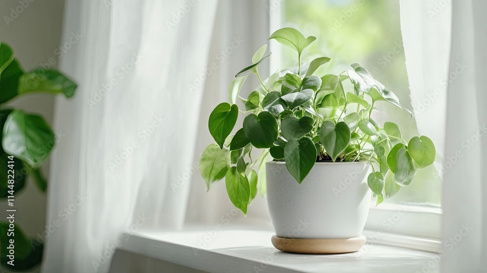Indoor houseplant displayed on a window sill offers a touch of greenery in the home. This potted green plant enhances the interior with vibrant colors and a tranquil atmosphere. Copy space available. Indoor houseplant displayed on a window sill offers a touch of greenery in the home. This potted green plant enhances the interior with vibrant colors and a tranquil atmosphere. Copy space available.