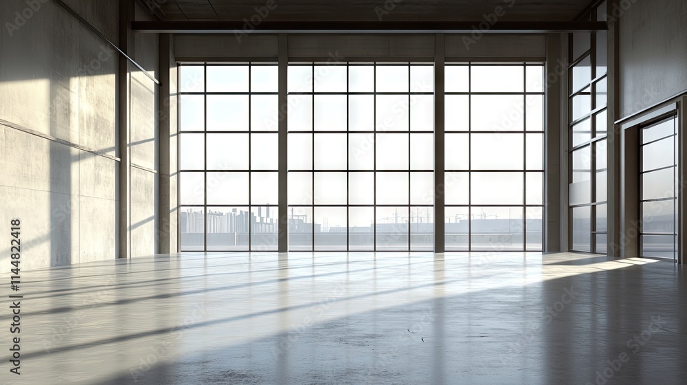 Perspective from inside a warehouse looking out through the front window, capturing the essence of warehouse architecture with ample copy space for text overlay. Perspective from inside a warehouse looking out through the front window, capturing the essence of warehouse architecture with ample copy space for text overlay.