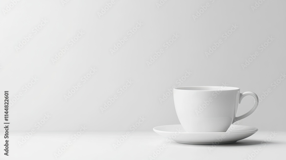 Elegant white coffee cup with saucer, elegantly isolated on a white background, creating a clean and minimalistic style perfect for coffee-themed compositions. Photo has ample copy space. Elegant white coffee cup with saucer, elegantly isolated on a white background, creating a clean and minimalistic style perfect for coffee-themed compositions. Photo has ample copy space.