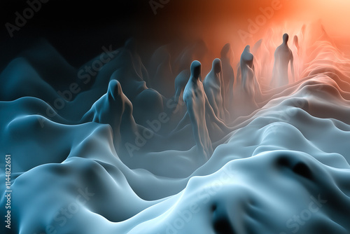 Abstract religious background depicting a scene from purgatory, contorted figures represent souls in transformation, purification process draws them towards light. Modern, faith themes.