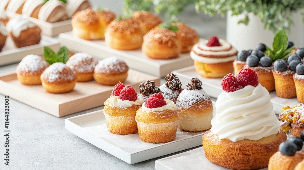 Assorted mini pastries and cakes on display. Assorted mini pastries and cakes on display.
