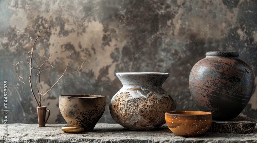 Rustic pottery with clay pots and vases on a textured surface Rustic pottery with clay pots and vases on a textured surface
