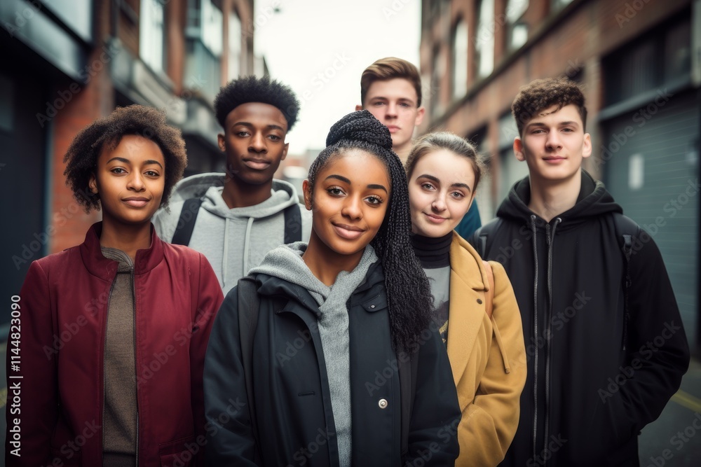 Multi ethnic high school students standing together on a city street Multi ethnic high school students standing together on a city street