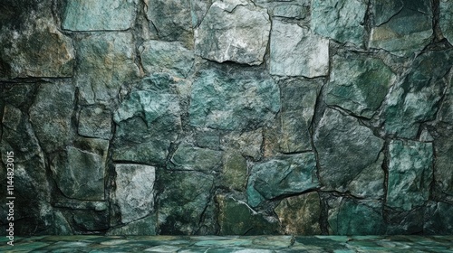 Old stone wall wallpaper creates a unique urban green mockup background, perfect for design interior room concepts. This style enhances creativity and offers ample photo space for various uses. photo