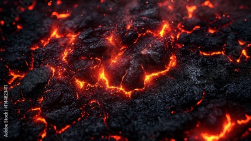 Molten lava flowing over cracked volcanic rock.