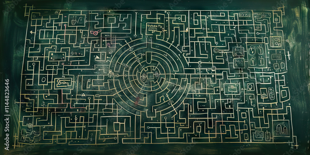 Complex Maze with Embedded Symbols and Sub-Mazes on Dark Green Background Complex Maze with Embedded Symbols and Sub-Mazes on Dark Green Background