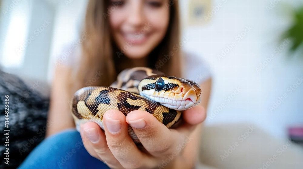 A young woman beams with happiness as she holds her snake proudly, showcasing the gentle joy and fascination shared with her exotic pet in a homely environment. A young woman beams with happiness as she holds her snake proudly, showcasing the gentle joy and fascination shared with her exotic pet in a homely environment.