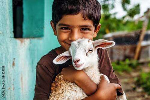 A young boy with a wide smile embraces his furry goat buddy against the backdrop of a farm landscape, highlighting themes of youth, friendship, and rural simplicity. photo