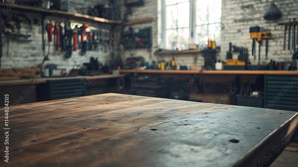 Rustic wooden workbench in a well-equipped workshop. (1) Rustic wooden workbench in a well-equipped workshop. (1)