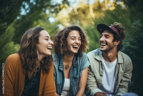 Three young adults are sitting together outdoors, enjoying each other's company and sharing a moment of laughter