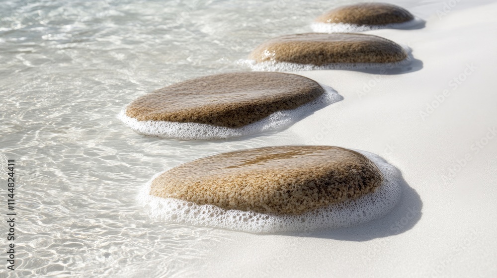 Obraz premium Vacation and travel concept image capturing a serene scene of a white sand beach with smooth stones nestled in clear shallow water, perfect for relaxation and leisure.