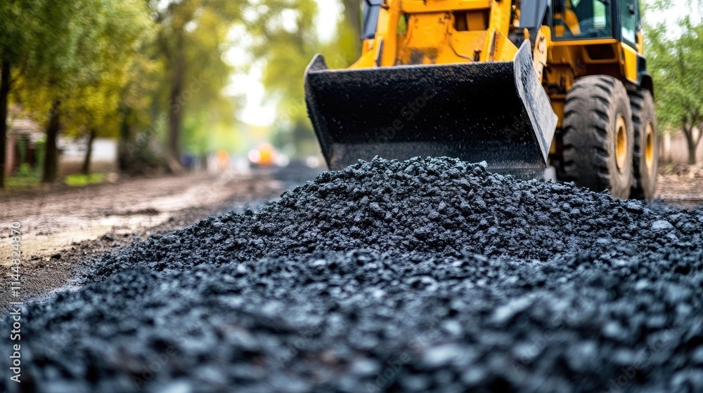 Loader lifting large piles of laid asphalt, with a focus on the loaders details. The image captures the essence of heavy machinery operations with ample copy space. Loader lifting large piles of laid asphalt, with a focus on the loaders details. The image captures the essence of heavy machinery operations with ample copy space.