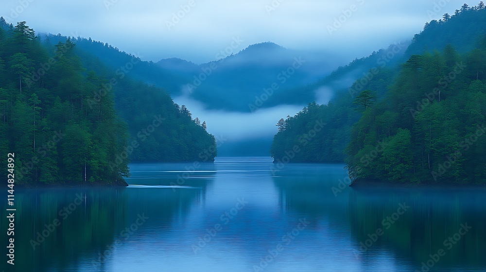 Fototapeta premium Serene Mountain Lake Enveloped In Misty Blue Hues