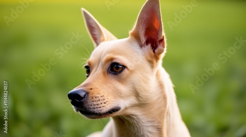  A close up of a dog's face in a field