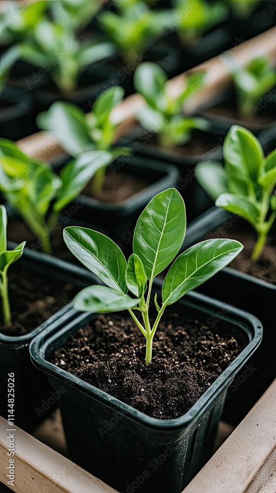 Vibrant green tomato seedlings thrive in black pots on a sunlit windowsill, showcasing nature in an indoor setting Vibrant green tomato seedlings thrive in black pots on a sunlit windowsill, showcasing nature in an indoor setting