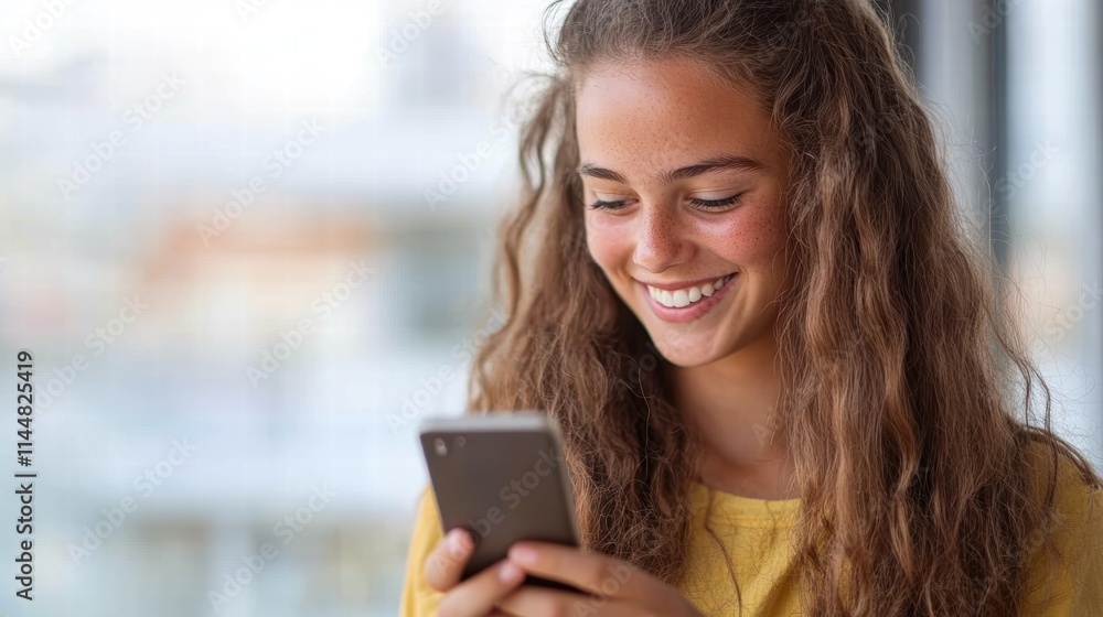 A cheerful young woman is engrossed in her smartphone, smiling warmly with an outdoor background, showcasing the joy of connection through modern technology. A cheerful young woman is engrossed in her smartphone, smiling warmly with an outdoor background, showcasing the joy of connection through modern technology.