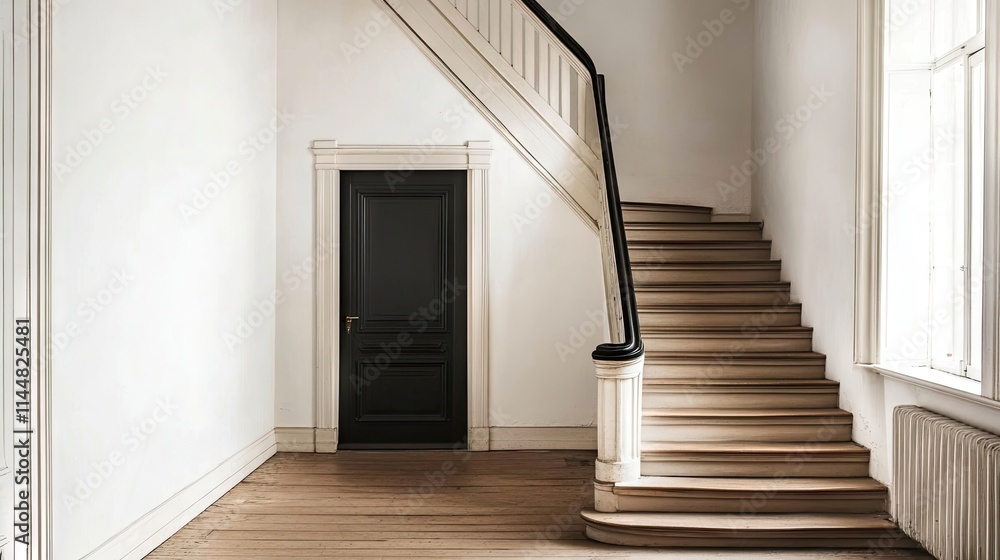 Minimalist staircase design highlighted by a prominent black door, creating a striking focal point in the composition. Perfect for showcasing contemporary architecture with ample copy space. Minimalist staircase design highlighted by a prominent black door, creating a striking focal point in the composition. Perfect for showcasing contemporary architecture with ample copy space.