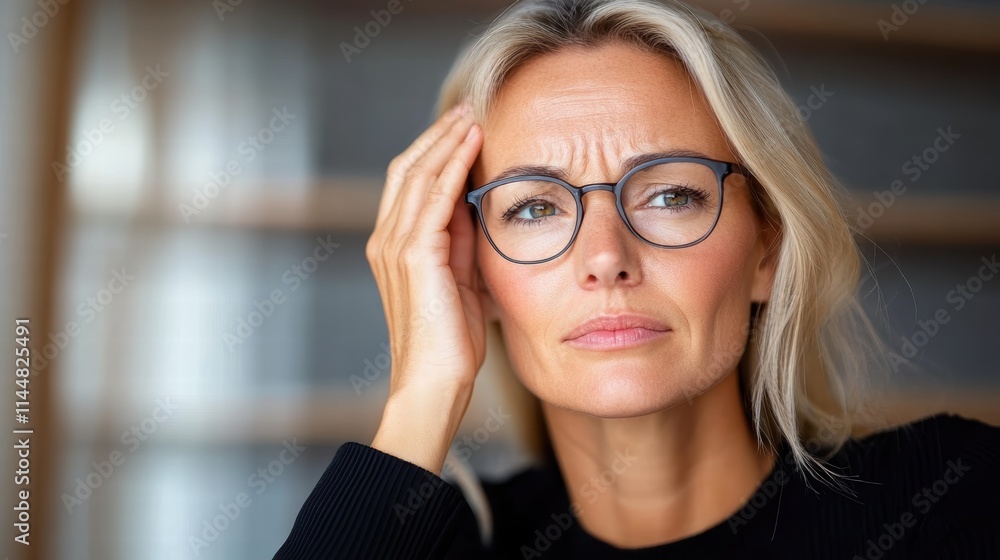 A thoughtful middle-aged woman with glasses gazes into the distance, exuding an aura of contemplation and focus, set in a softly lit indoor environment. A thoughtful middle-aged woman with glasses gazes into the distance, exuding an aura of contemplation and focus, set in a softly lit indoor environment.