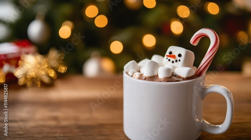 A delightful hot cocoa mug displays a cute marshmallow snowman with a classic candy cane, accompanied by a warm, festive bokeh background reflecting holiday cheer. photo