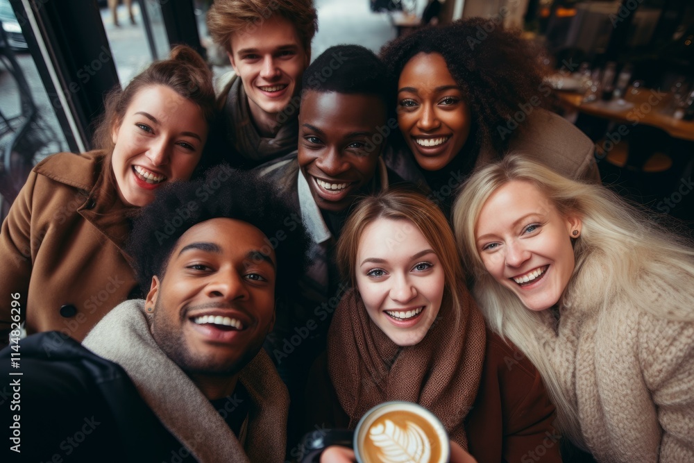 Obraz premium Group of cheerful multi ethnic friends taking a selfie while enjoying a cappuccino in a cafe