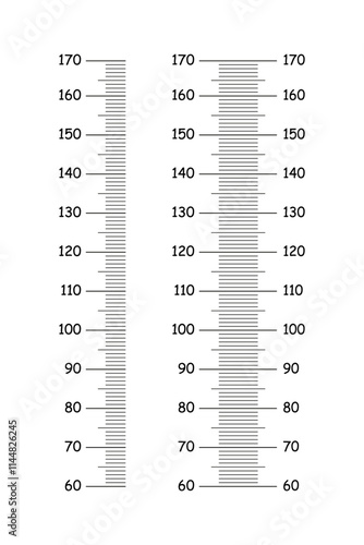 Set of kids height chart from 60 to 170 centimeters. Templates for wall growth stickers isolated on a white background. Meter wall, growth ruler. Graphic mockup.