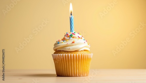 Single Birthday Cupcake with Lit Candle on Wooden Table