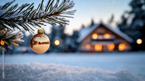 A snow-covered Christmas tree branch adorned with a golden bauble, with a cozy, warmly-lit cottage blurred in the snowy background, creates a serene winter setting. photo