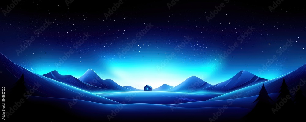 Obraz premium A serene night landscape featuring mountains, a glowing horizon, and a starry sky, creating a tranquil and mystical atmosphere.