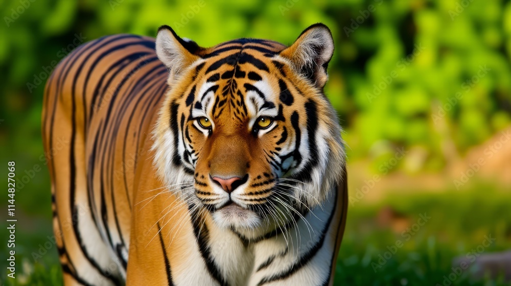 A close up of a tiger walking in the grass A close up of a tiger walking in the grass