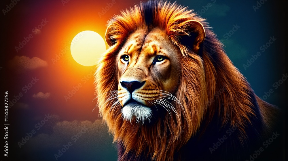 A lion standing in front of a sunset with the sun in the background A lion standing in front of a sunset with the sun in the background