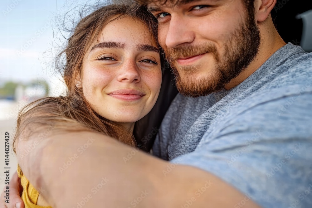 A couple joyfully embraces, radiating happiness and mutual affection. Their casual appearance and welcoming expressions create a comforting scene of love. A couple joyfully embraces, radiating happiness and mutual affection. Their casual appearance and welcoming expressions create a comforting scene of love.