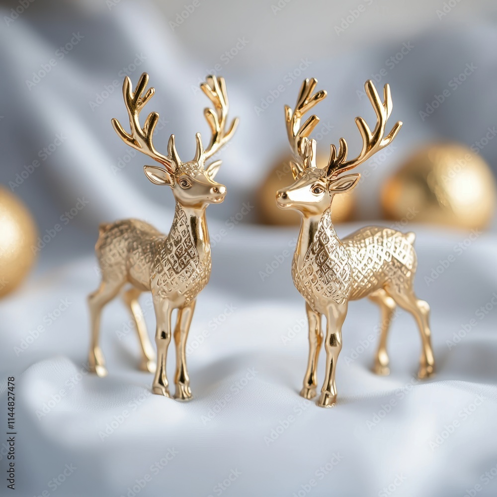 Two elegant golden reindeer figurines stand on a soft gray fabric background, surrounded by shimmering gold ornaments, evoking a festive atmosphere. Two elegant golden reindeer figurines stand on a soft gray fabric background, surrounded by shimmering gold ornaments, evoking a festive atmosphere.