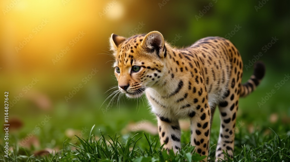 A small leopard walking across a lush green field A small leopard walking across a lush green field
