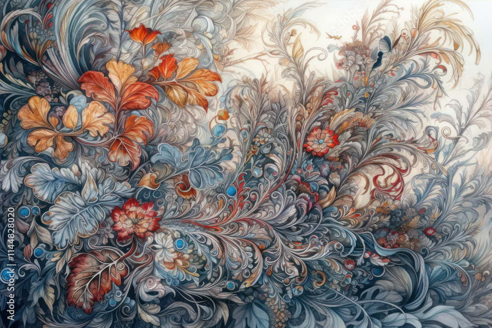 An exquisite and detailed decorative pattern made in the Art Nouveau style. The composition consists of ornate and fascinating lines that form fantastic leaves, flowers and curls. An exquisite and detailed decorative pattern made in the Art Nouveau style. The composition consists of ornate and fascinating lines that form fantastic leaves, flowers and curls.